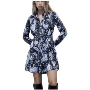 ZARA Blue Black Printed Flounced Shirt Dress M Mini Belted Long Sleeve NWT